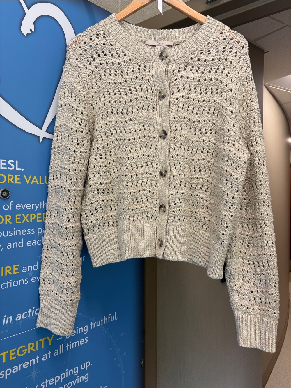 LOFT Cream Open-Knit Pointelle Cardigan